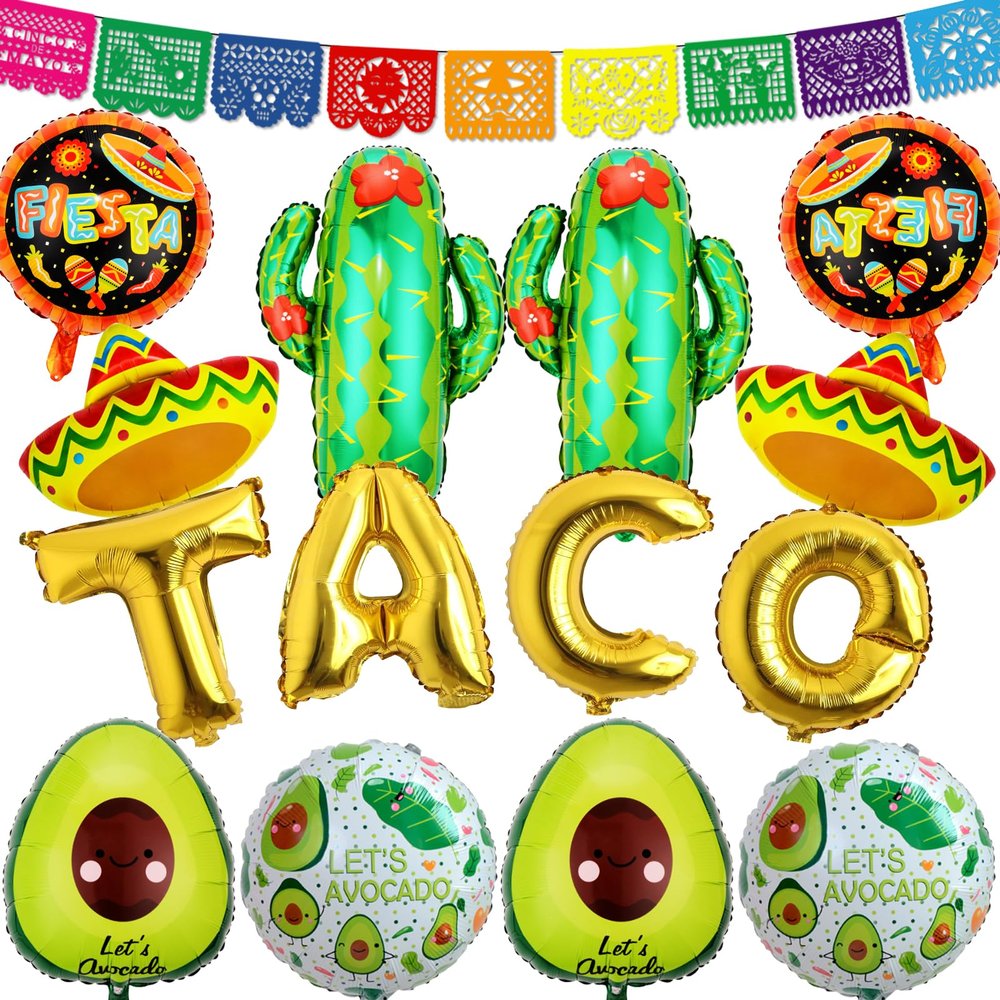 18 PCS Fiesta Party Supplies - Taco, Mexican, Cactus, Avocado, Hat Jumbo Mylar Foil Balloons - Cinco De Mayo Party Decorations