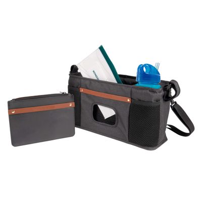 WONDERFOLD Parent Console Stroller Organizer with 2 Insulated Cup Holders, Hook and Loop Closure Handle Attachment, 2 Storage Pockets, and Removable Shoulder Strap for Easy Transport, Volcanic Black