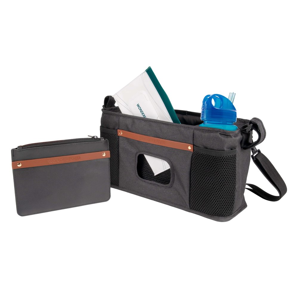 WONDERFOLD Parent Console Stroller Organizer with 2 Insulated Cup Holders, Hook and Loop Closure Handle Attachment, 2 Storage Pockets, and Removable Shoulder Strap for Easy Transport, Volcanic Black