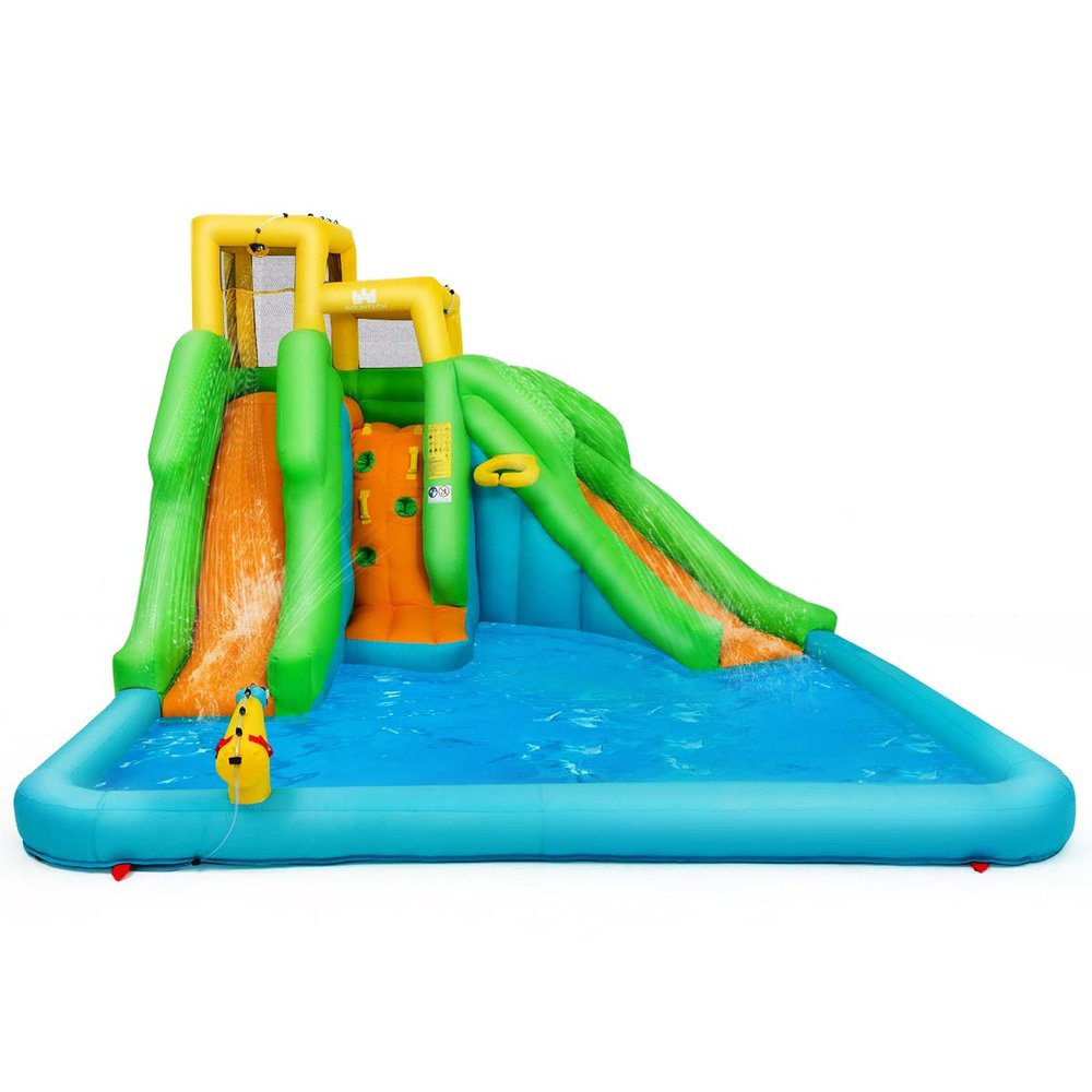 GLACER Kids Inflatable Bouncer Slide, Indoor Outdoor Bounce House w/Splash Pool, 2 Water Slides, Climb Wall, Basketball Rim & Water Cannon, Backyard Water Park for 3-10 Years Old (without Air Blower)