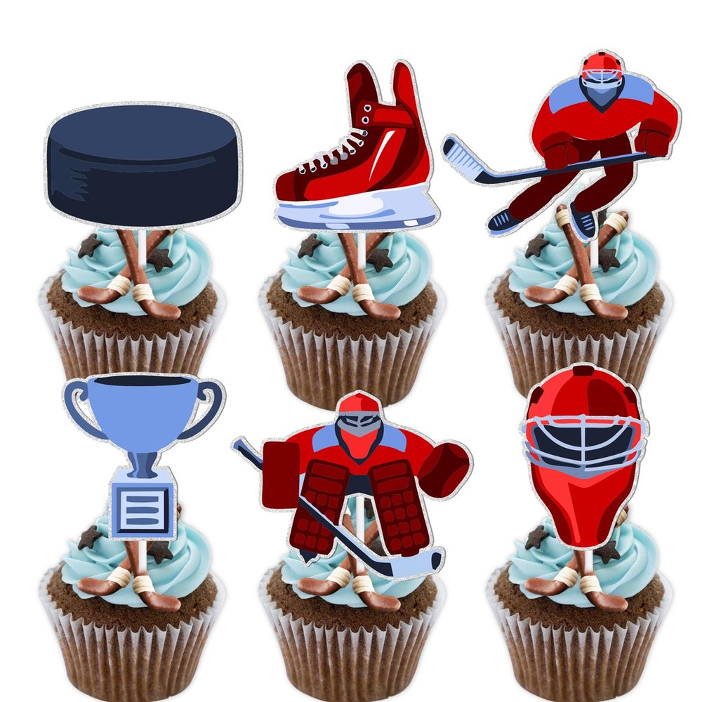 18pcs Red Glitter Ice Hockey Happy Birthday Icon Symbol Cupcake Topper sports Competition Theme Decor Supplies Boy Girl Family Birthday Decorations