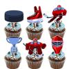18pcs Red Glitter Ice Hockey Happy Birthday Icon Symbol Cupcake Topper sports Competition Theme Decor Supplies Boy Girl Family Birthday Decorations view 1