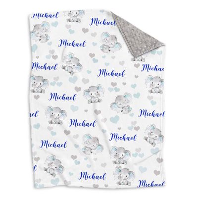 Personalized Elephant Baby Blankets with Name, Custom Heart Elephant Super Soft Minky Blankets for Baby Boys, Customized Blue Elephant Blankets Newborns Nursery Decor