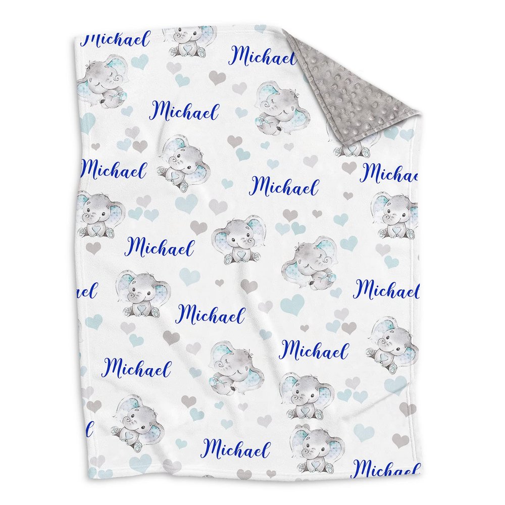 Personalized Elephant Baby Blankets with Name, Custom Heart Elephant Super Soft Minky Blankets for Baby Boys, Customized Blue Elephant Blankets Newborns Nursery Decor