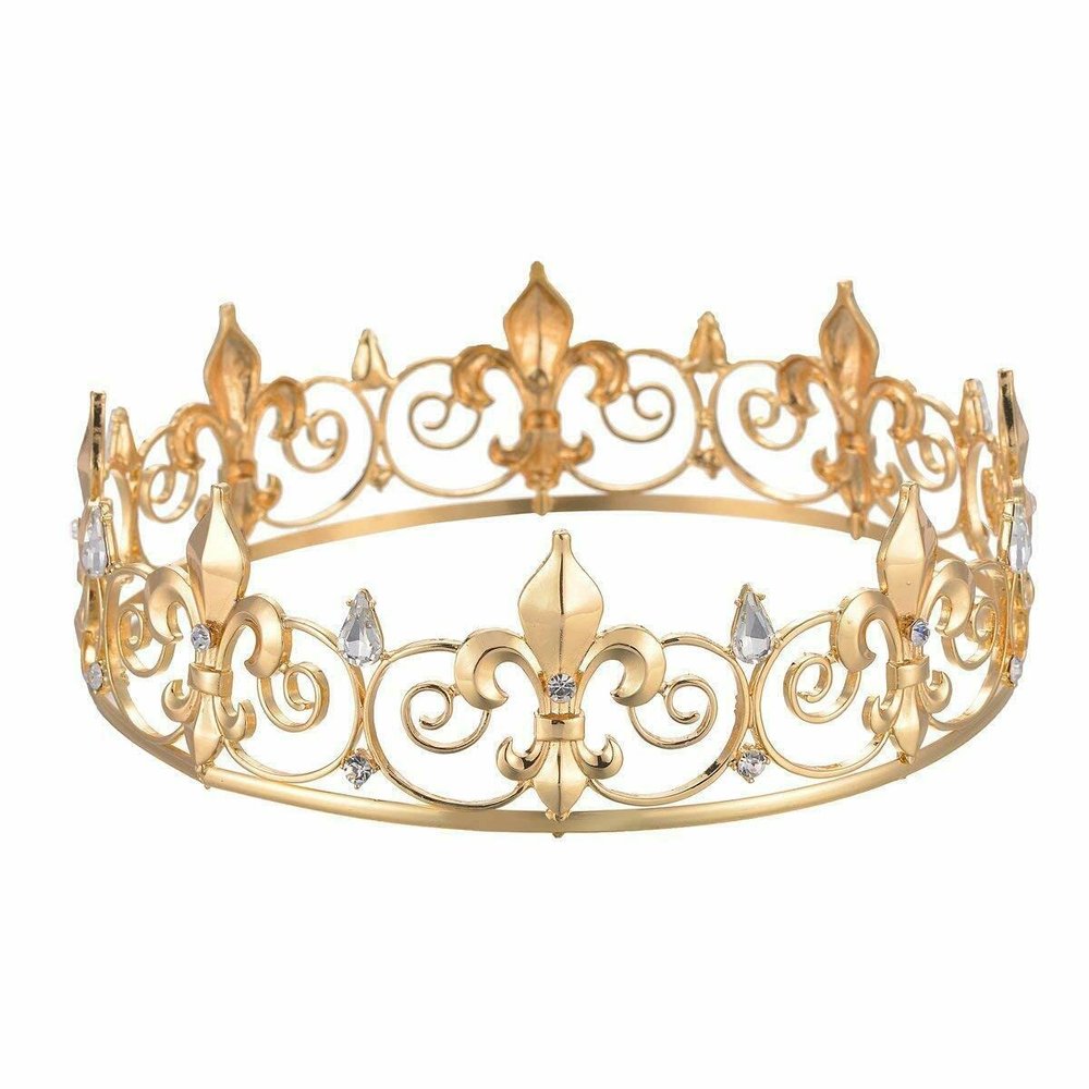 Teen's Boy's Full Round King Crown Rhinestone Crystal Hair Tiara Gold-Plate C900