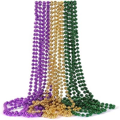 JBINNG 12 pcs Mardi Gras Beads Round Metallic Colors in Gold, Green, Purple, Assorted Beaded Necklace Costume Necklace Party Supplies Accessory For Events And Party Favor Novelty, 32 Inch 6mm