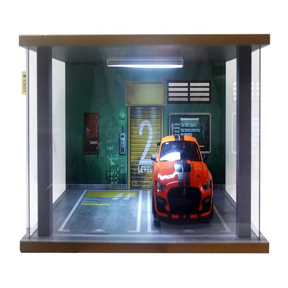 1/18 Scale Model Car Display Case - 1:18 Car Garage Display Case with Clear Acrylic Cover and LED Lighting for Die-Cast Cars, 2 Parkings Green