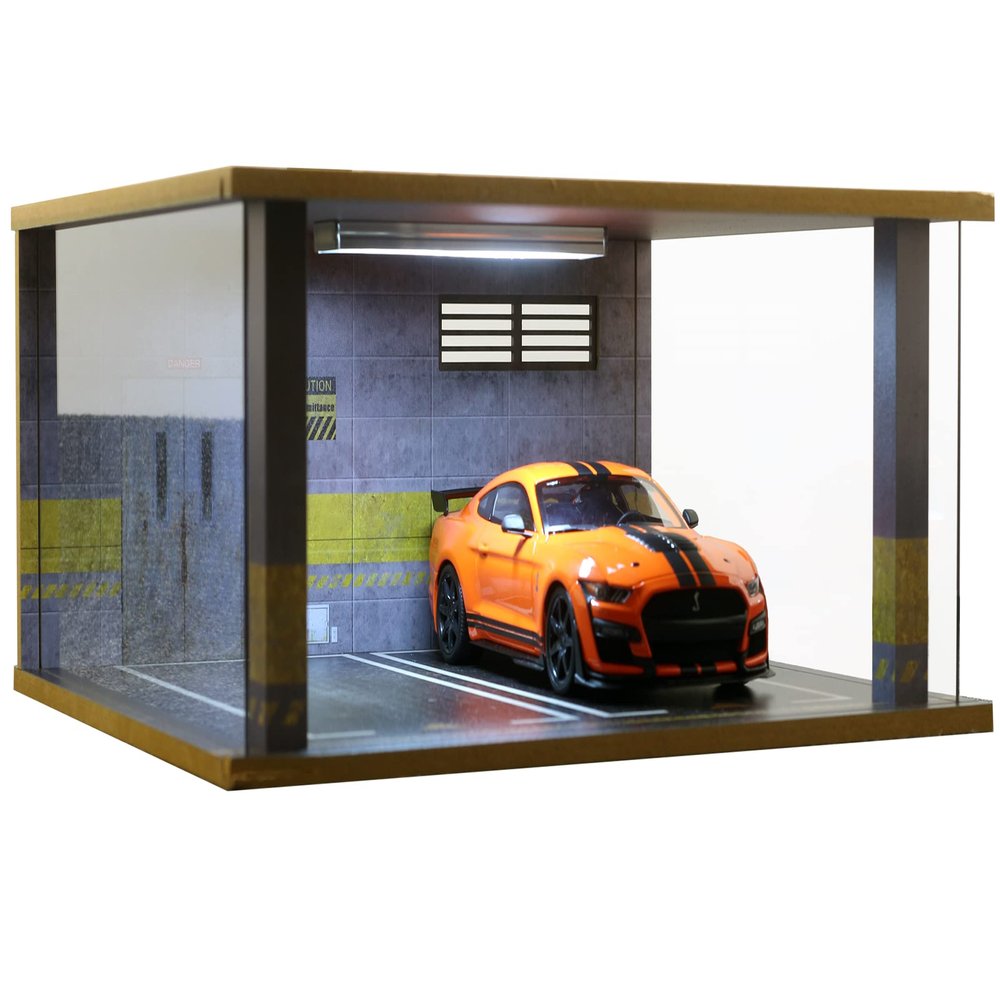 1/18 Scale Model Car Display Case - 1:18 Car Garage Display Case with Clear Acrylic Cover and LED Lighting for Die-Cast Cars, 2 Parkings D5