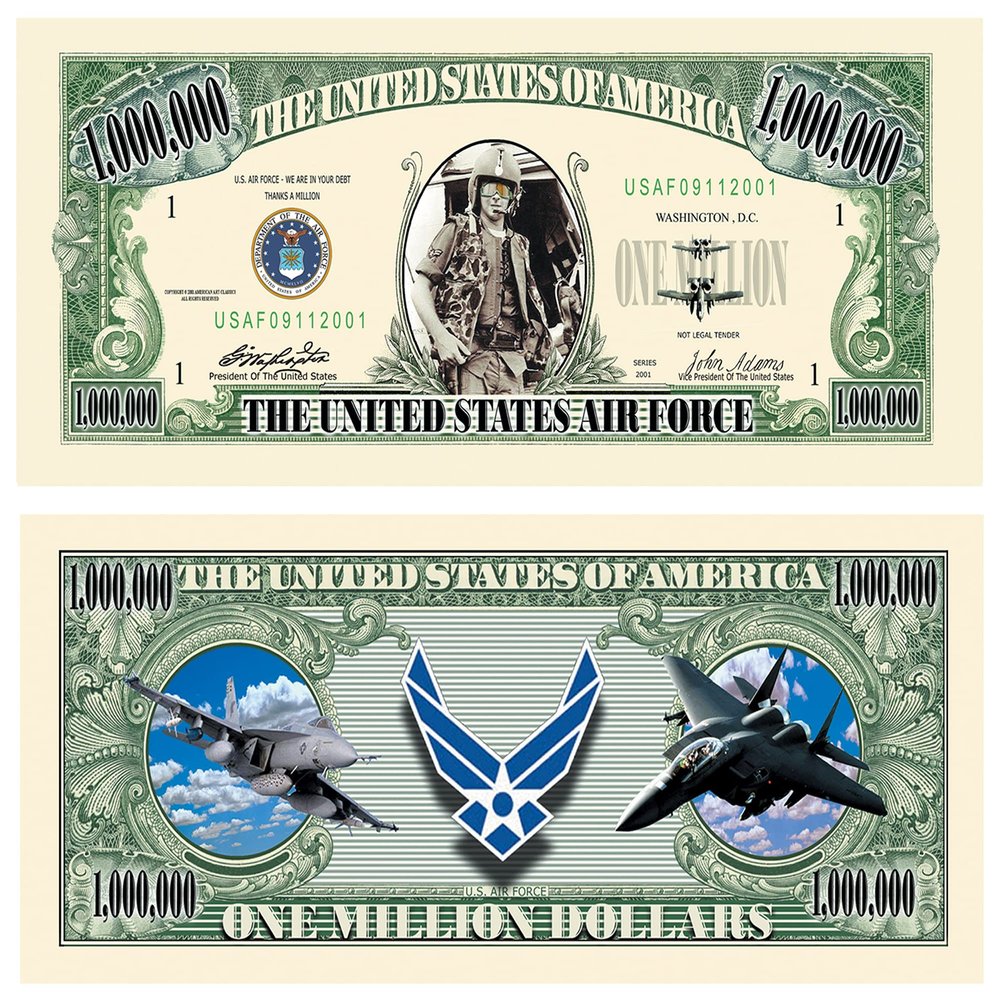 American Art Classics Pack of 250 - US Air Force USAF Commemorative Million Dollar Bill - Challenge Note - Great Gift Or Keepsake for Air Force Personnel