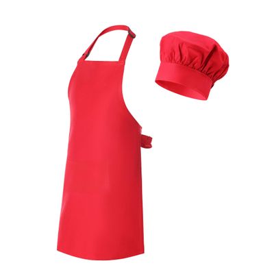 Cooking Apron for Kids, Cotton Apron with Pocket and Chef Hat Set (Toddler (2-5 yo), Red)