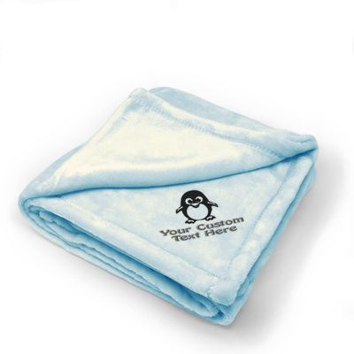 Custom Embroidery Nursery Bedding Baby Blankets for Boys & Girls Cute Penguin B Polyester Soft Plush Receiving Swaddle Blue Personalized Text Name Here