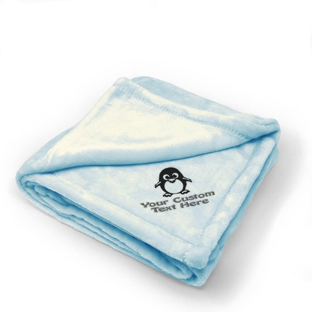 Custom Embroidery Nursery Bedding Baby Blankets for Boys & Girls Cute Penguin B Polyester Soft Plush Receiving Swaddle Blue Personalized Text Name Here