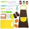 14 Pieces toddler knife, Kids Knife Set Include Wood Kids Safe Knife, Plastic Toddler Knife, Cutting Board, Apron, Y Peeler, Crinkle Cutter, Kitchen Sleeves Covers, Gloves, Sandwich Cutter view 1
