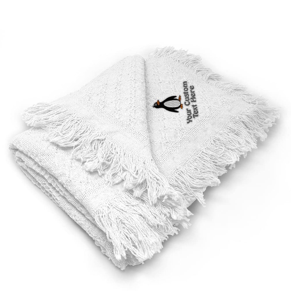 Custom Embroidery Nursery Bedding Baby Blankets for Boys & Girls Penguin Big Peak Cotton Soft Receiving Swaddle White Personalized Text Name Here