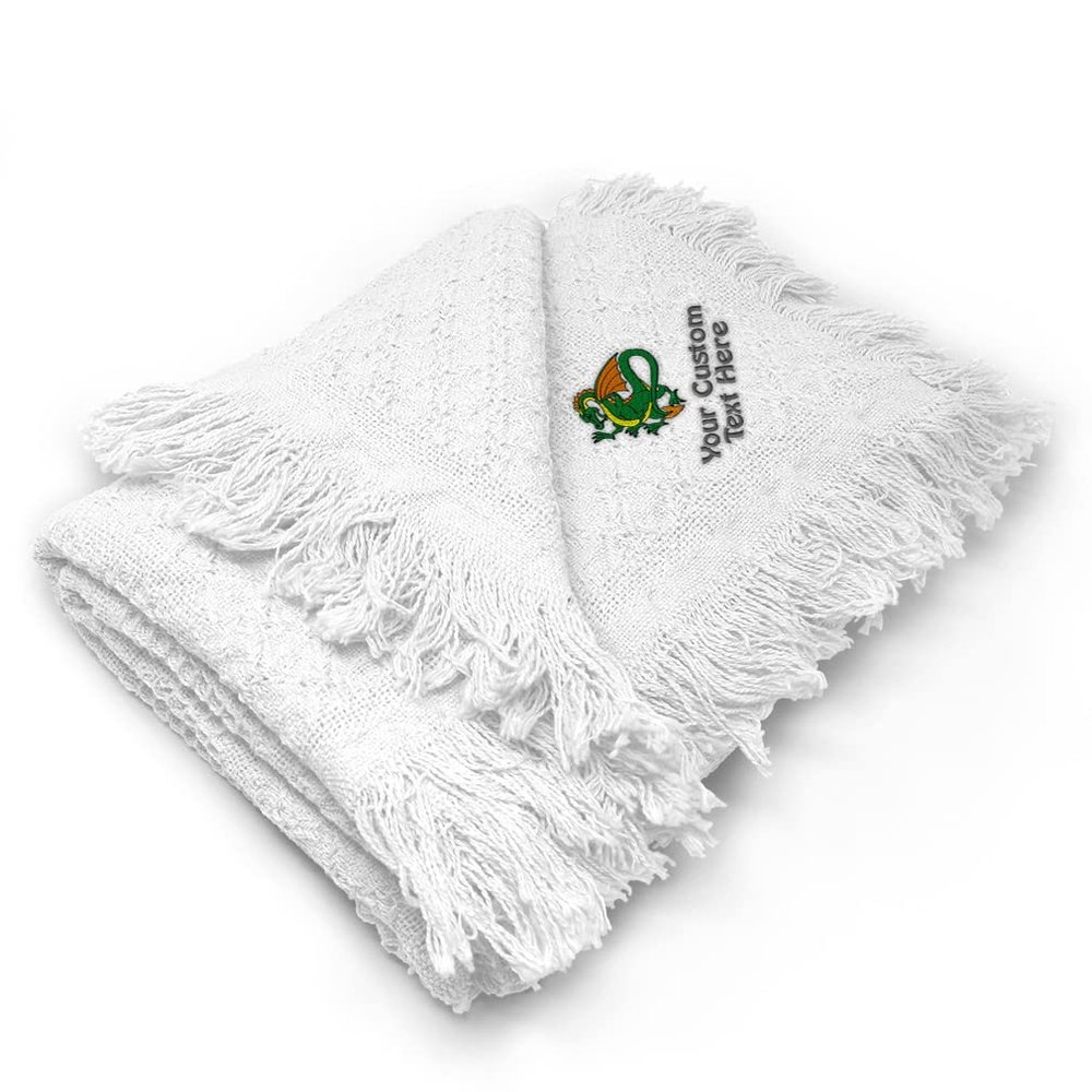 Custom Embroidery Nursery Bedding Baby Blankets for Boys & Girls Dragon Sports Mascot Cotton Soft Receiving Swaddle White Personalized Text Name Here