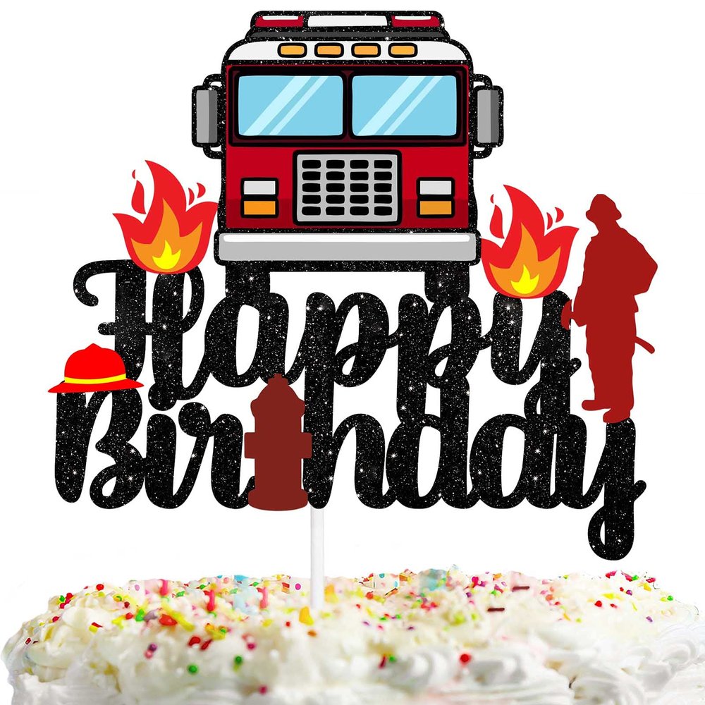 Red Glitter Fire Truck Happy Birthday Black Cake Topper Firefighter Fireman Theme Decor Supplies Baby Shower Birthday party Decorations