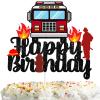 Red Glitter Fire Truck Happy Birthday Black Cake Topper Firefighter Fireman Theme Decor Supplies Baby Shower Birthday party Decorations view 1
