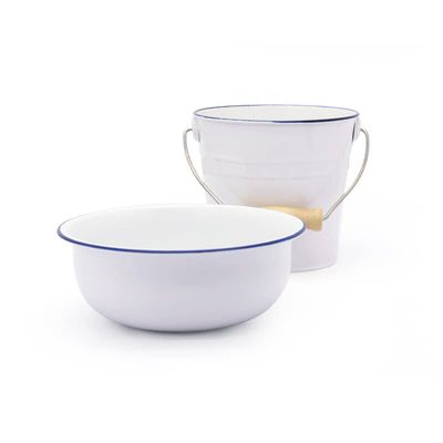 Metal Bucket and Bowl Set White/Blue for Montessori Practical Life Exercises