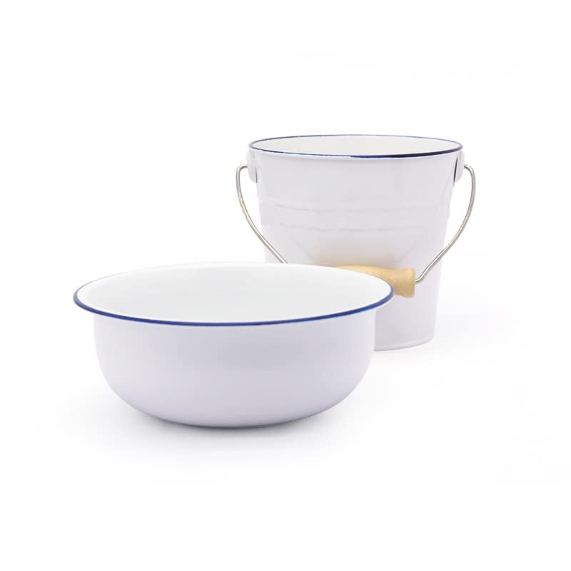 Metal Bucket and Bowl Set White/Blue for Montessori Practical Life Exercises