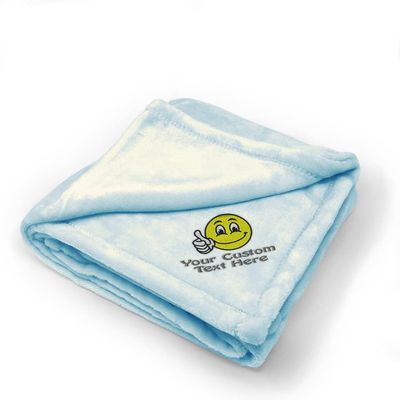 Custom Embroidery Nursery Bedding Baby Blankets for Boys & Girls Emoji Smiley Happy Face Polyester Soft Plush Receiving Swaddle Blue Personalized Text Name Here