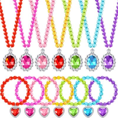 Sureio 7 Sets Girl Dress up Jewelry Toddler Princess Bracelet Necklaces Kids Valentine's Day Costume Jewelry Set for Girl Tea Costume Party(Oval, Heart Pendant)