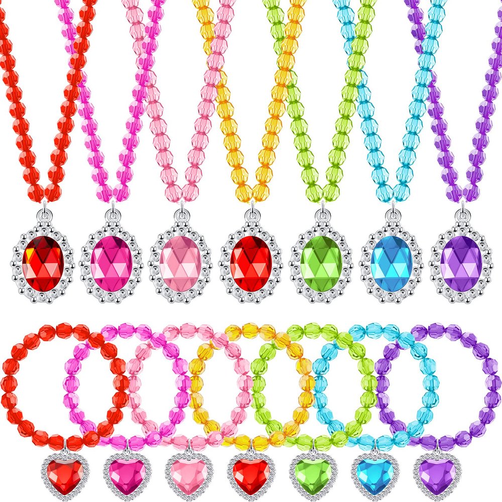Sureio 7 Sets Girl Dress up Jewelry Toddler Princess Bracelet Necklaces Kids Valentine's Day Costume Jewelry Set for Girl Tea Costume Party(Oval, Heart Pendant)