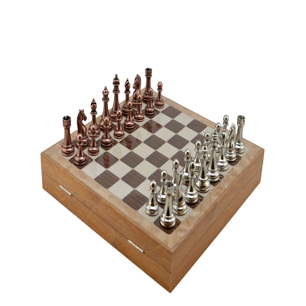 Antique Copper Classic Metal Chess Set for Adults,Handmade Pieces and Different Design Wooden Chess Board with Storage (Rustic)