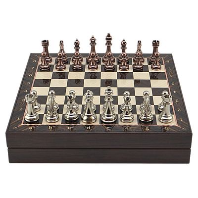 Antique Copper Classic Metal Chess Set for Adults,Handmade Pieces and Different Design Wooden Chess Board with Storage (Walnut)