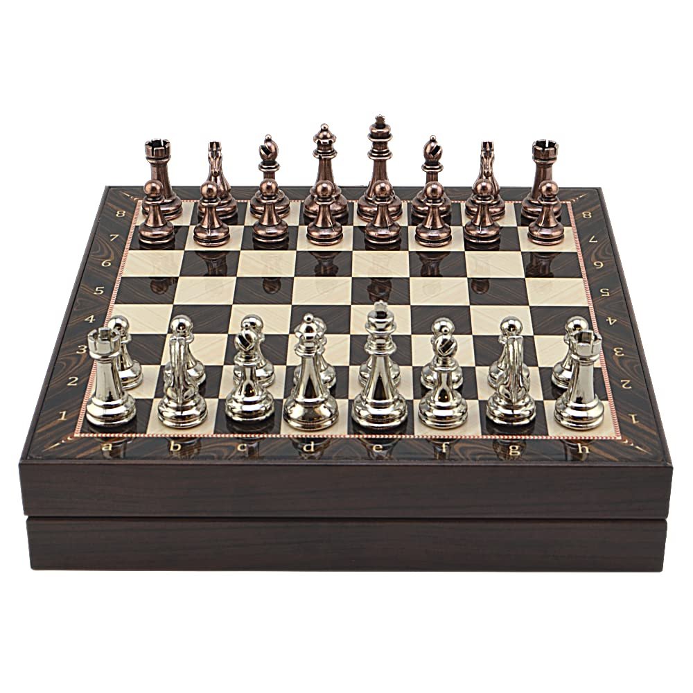 Antique Copper Classic Metal Chess Set for Adults,Handmade Pieces and Different Design Wooden Chess Board with Storage (Walnut)
