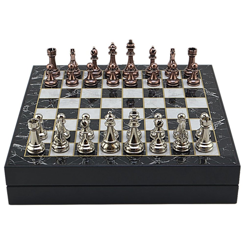 Antique Copper Classic Metal Chess Set for Adults,Handmade Pieces and Different Design Wooden Chess Board with Storage (Marble)