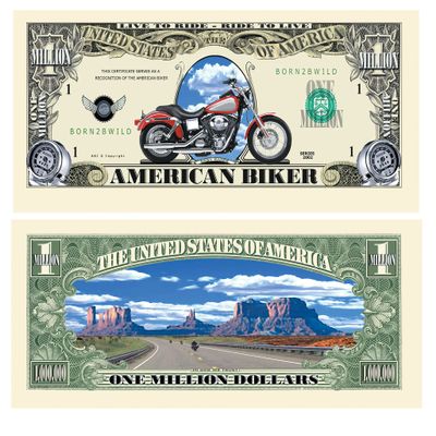 Wholesale Pack of 250 Bills - American Biker Motorcycle Million Dollar Bill - Fun Gift for Those Who Live to Ride and Ride to Live- This Item is A Reproduction Copy