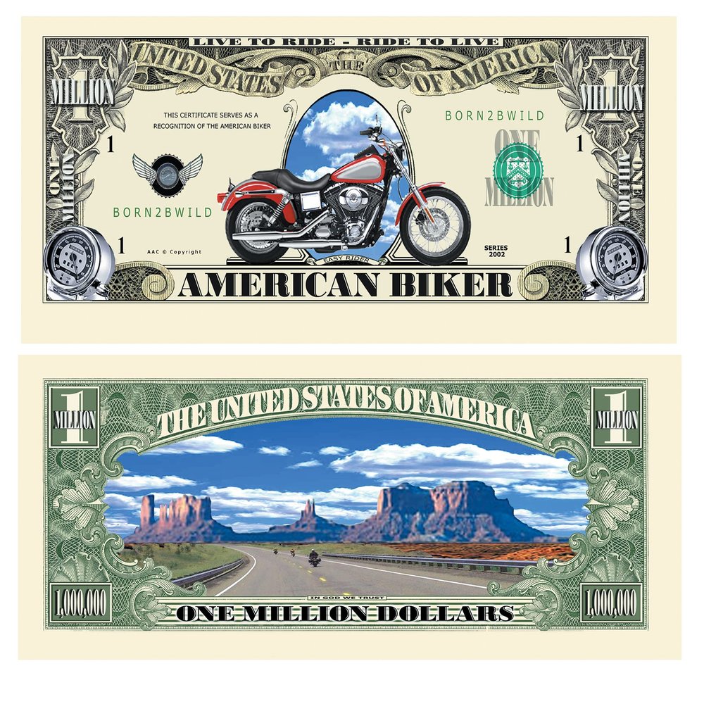 Wholesale Pack of 250 Bills - American Biker Motorcycle Million Dollar Bill - Fun Gift for Those Who Live to Ride and Ride to Live- This Item is A Reproduction Copy