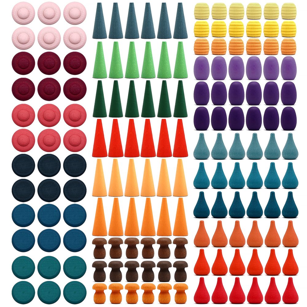 Candywood Large Set Rainbow Color Style Wooden Loose Parts Sensory Play Toys, 7 Shapes, 27 Colors, Rainbow Stacker Nesting Toys (162 PCS)