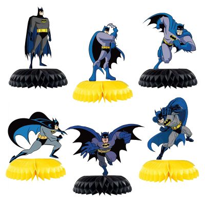 Bat-Man Birthday Party Supplies - 6pc Bat Hero Theme Table Centerpieces, Double Side Honeycomb Table Decorations, Cake Toppers, Photo Booth Props, for Boys and Girls Party