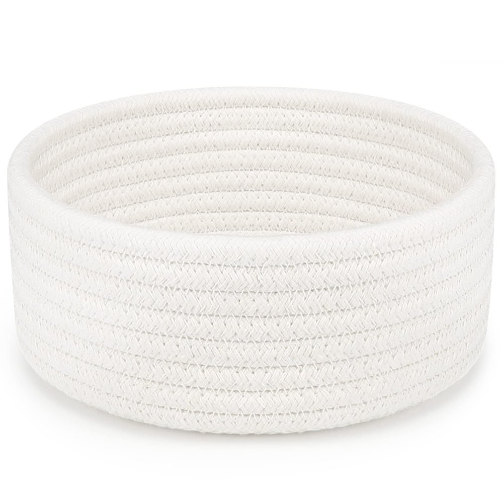 ABenkle Small Woven Basket, Empty Tiny Shallow Storage Basket, Mini Cotton Rope Baskets, Round Decorative Hamper, Basket Storage Bins for Toys, Spa, Socks, Nursery, Living Room- White