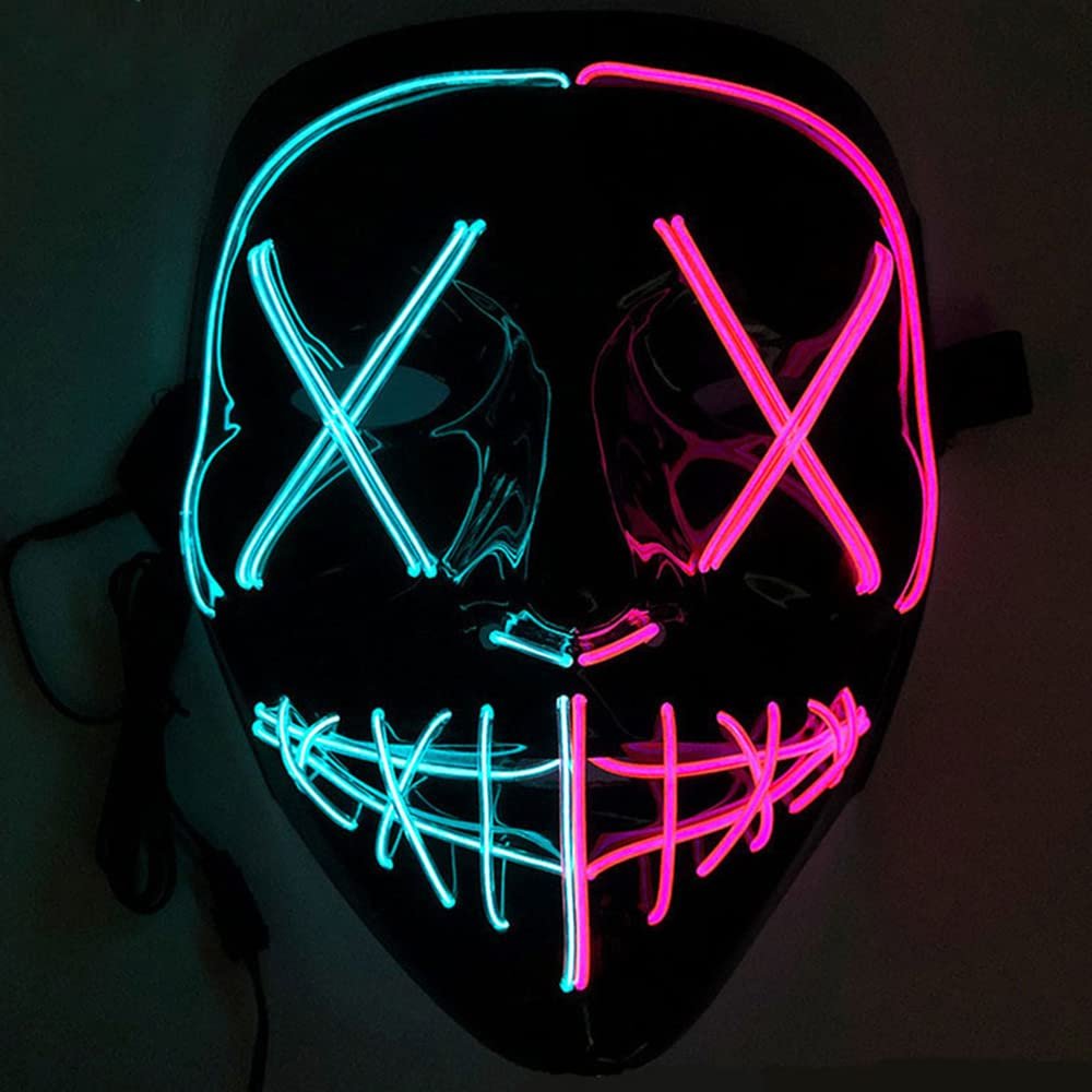 Halloween Purge Mask 2-colors LED Light Up Party Masks Festival Masquerade Carnival Mask (blue&pink) 21*17*10cm