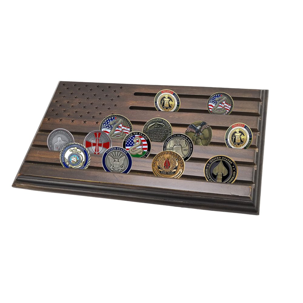 FixtureDisplays 12 X 7.5" Coin Display Military Challenge Coins Stand Holder Display Rack Wooden Army Collectible Poker Casino Chip Display Wood Stand, Holds 20-30 Coins Brown American Flag 10123-2D