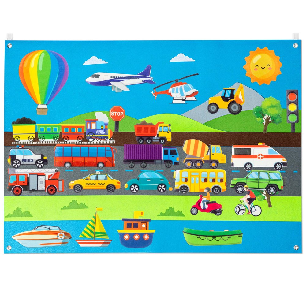 WATINC 35Pcs Vehicle Felt Story Board Set 3.5Ft Preschool Transportation Themed Storytelling Cars Train Trucks Planes Boats Early Learning Interactive Play Kit Wall Hanging Gift for Toddlers Kids