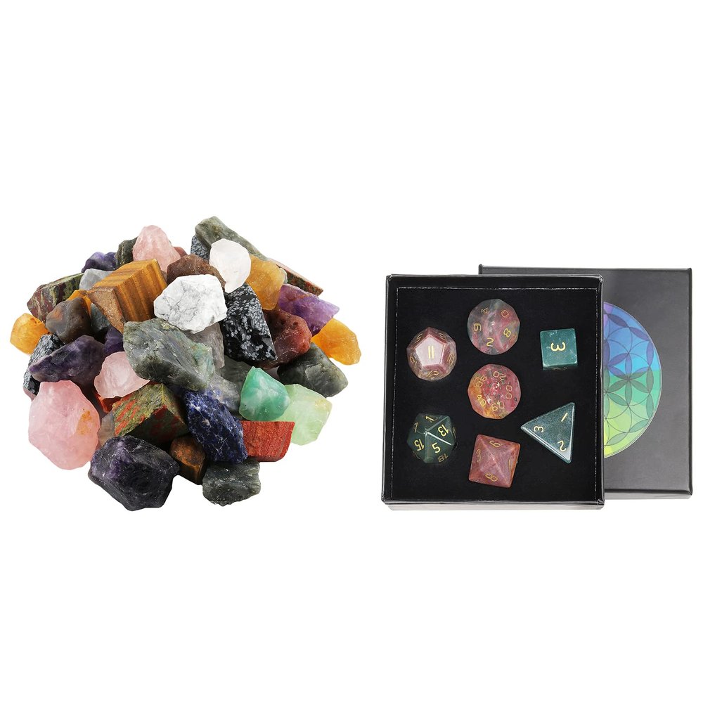 mookaitedecor Bundle - 2 Items: 1 lb Bulk Natural Raw Crystals Rough Stones & 7 PCS Indian Agate Crystal Polyhedral DND Dice Set for Home Decor