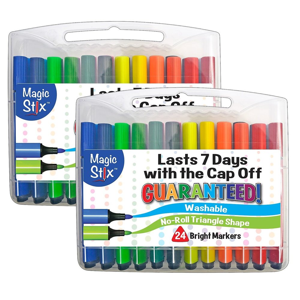 The Pencil GripMagic Stix Triangular Markers, Bullet Tip, 24 Colors/Pack, 2 Packs (TPG397-2)