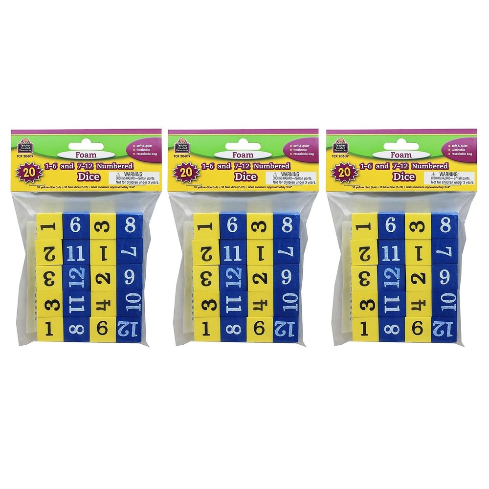 Teacher Created Resources Foam Numbered Dice (Numerals 1-12), 20 Per Pack, 3 Packs (TCR20609-3)