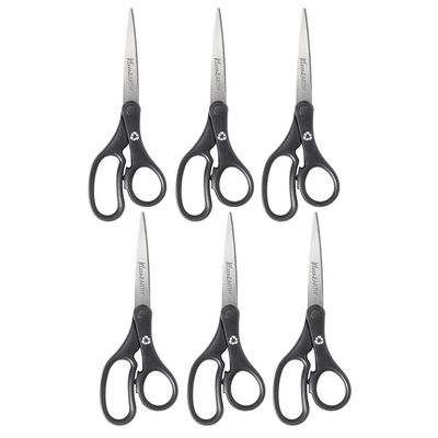 Westcott KleenEarth 8" Straight Stainless Steel Scissors, Pointed Tip, Black Handle, Pack of 6 (ACM15583-6)