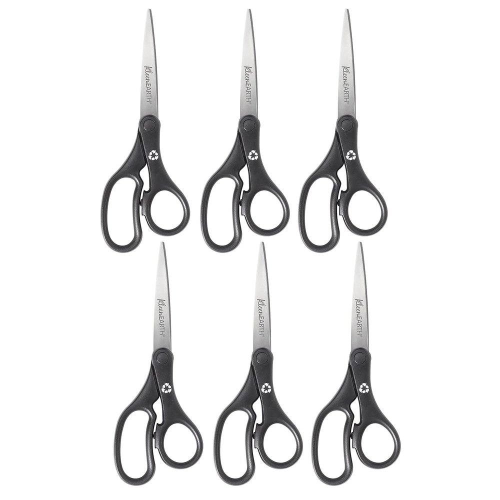 Westcott KleenEarth 8" Straight Stainless Steel Scissors, Pointed Tip, Black Handle, Pack of 6 (ACM15583-6)