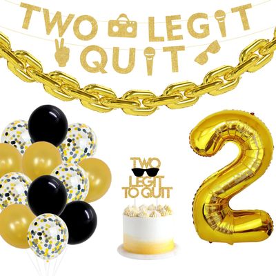 Sursurprise Two Legit To Quit Party Decorations, Two Legit To Quit Banner Cake Topper Gold Chain Balloon for Boys Hip Hop 2nd Birthday Party Supplies