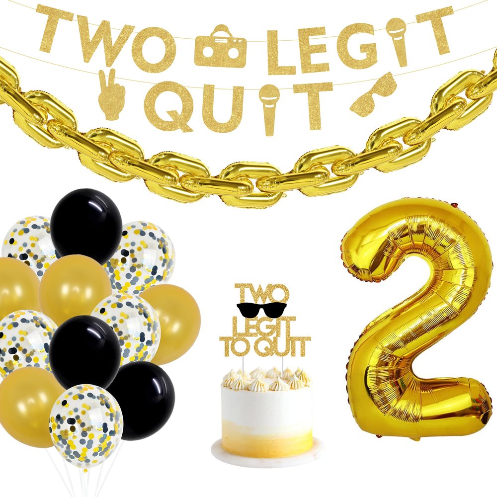 Sursurprise Two Legit To Quit Party Decorations, Two Legit To Quit Banner Cake Topper Gold Chain Balloon for Boys Hip Hop 2nd Birthday Party Supplies