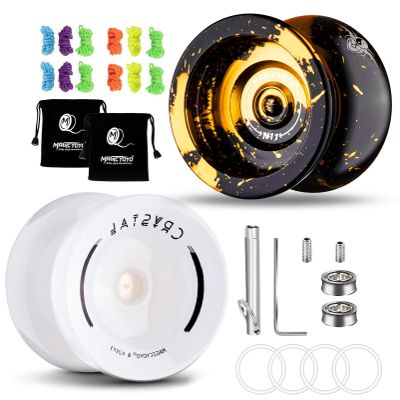 MAGICYOYO Pack of 2 Responsive Yoyos - N11 Black Golden Yoyo and K2 Snow White Fingerspin Yo Yo for Kids Beginners, Dual Purpose Yo Yyos with Unresponsive Bearings Kit, 2 Yo-yo Bags, 12 Yo-yo Strings