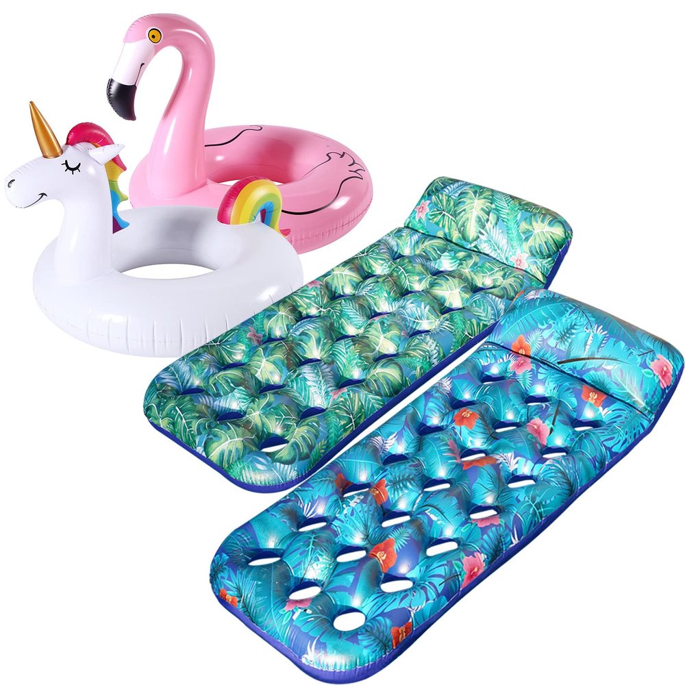 FindUWill 2 Pack Inflatable Pool Lounge, Inflatable Pool Floats with Headrest, X-Large, Cooling Pool Floaties Contour Lounger and 2 Pack 42'' Inflatable Pool Floats Flamingo Unicorn Swim Tube Rings