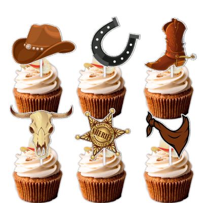 18pcs Brown Glitter Dessert Cupcake Topper Country Western Cowboy Bull Riding Bull Rider Competition Theme Decor Supplies Man Boy Happy Birthday Party Decorations