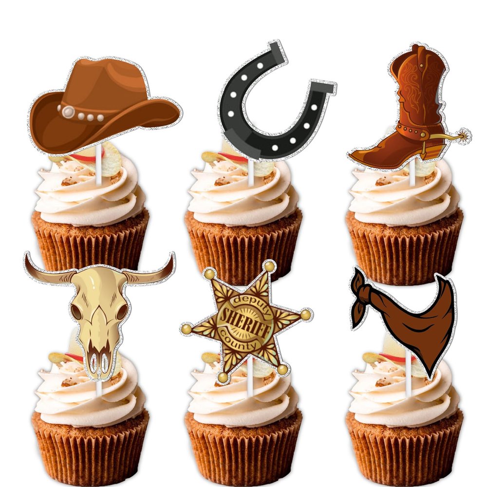 18pcs Brown Glitter Dessert Cupcake Topper Country Western Cowboy Bull Riding Bull Rider Competition Theme Decor Supplies Man Boy Happy Birthday Party Decorations