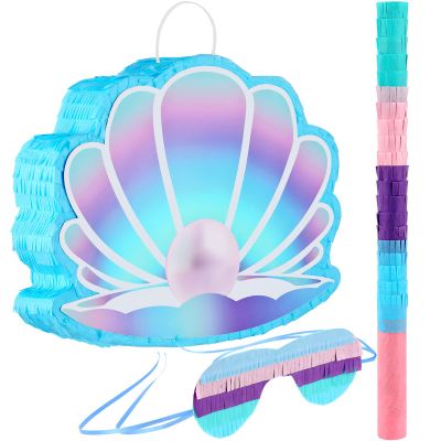 Zomiboo Seashell Piata with Stick and Blindfold Under The Sea Birthday Party Supplies Blue Ocean Mermaid Piata 15 x 12 Inch for Girls Kids Ocean Theme Birthday Party Game Carnival Activity